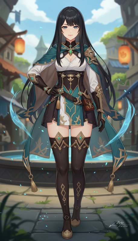 Anime fantasy female adventurer with long black hair and teal cloak stands in a town square surro...