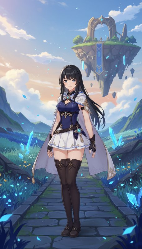 Anime fantasy female adventurer stands on a stone path, floating sky island and glowing crystals in the background