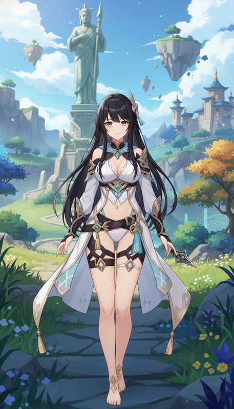 Black-haired fantasy anime heroine stands on a stone path before floating islands and a guardian statue