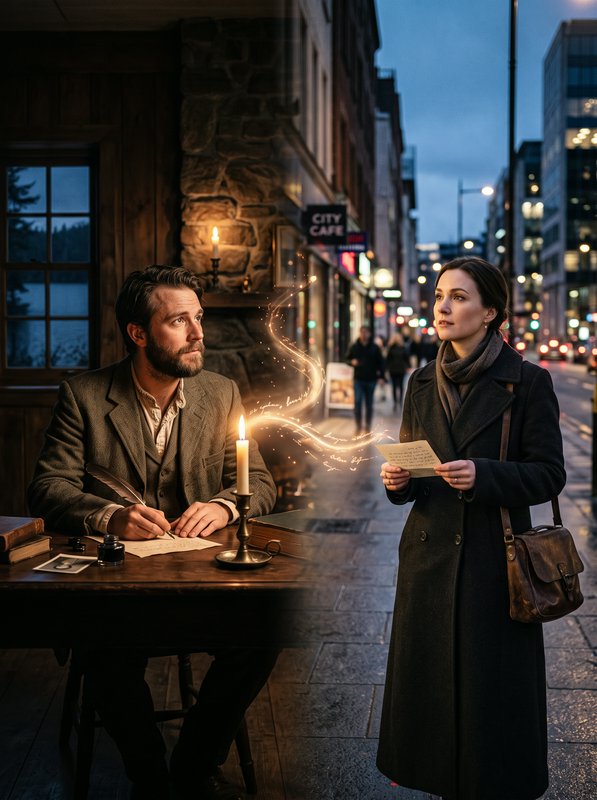 Surreal split scene where glowing magic connects a historical letter writer to a modern woman hol...