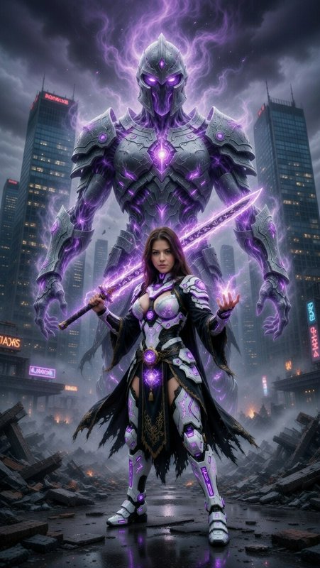 Female armored magic warrior stands before a giant glowing purple spectral knight in a ruined sto...