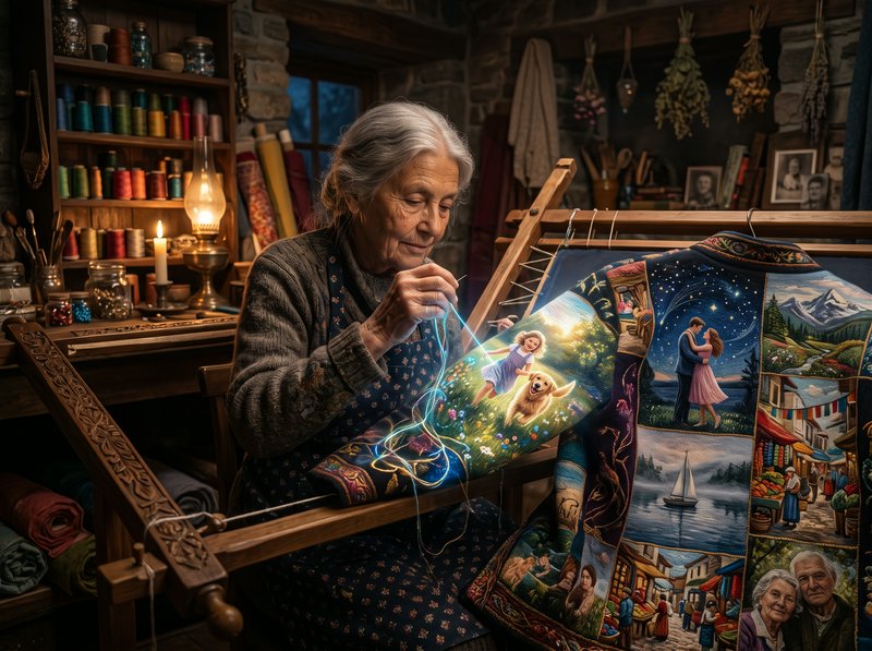 Elderly artisan stitching a glowing magical story tapestry in a cozy candlelit cottage workshop