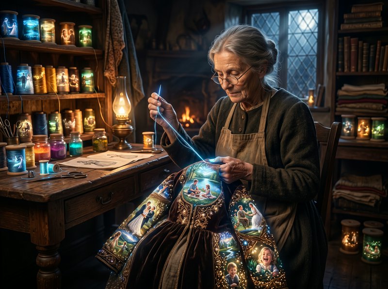 Elderly seamstress stitching glowing memory embroidery in a cozy moonlit cottage workshop