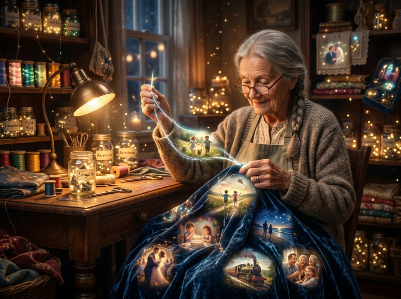 Elderly seamstress stitching glowing life memory scenes into enchanted fabric at her cozy craft desk