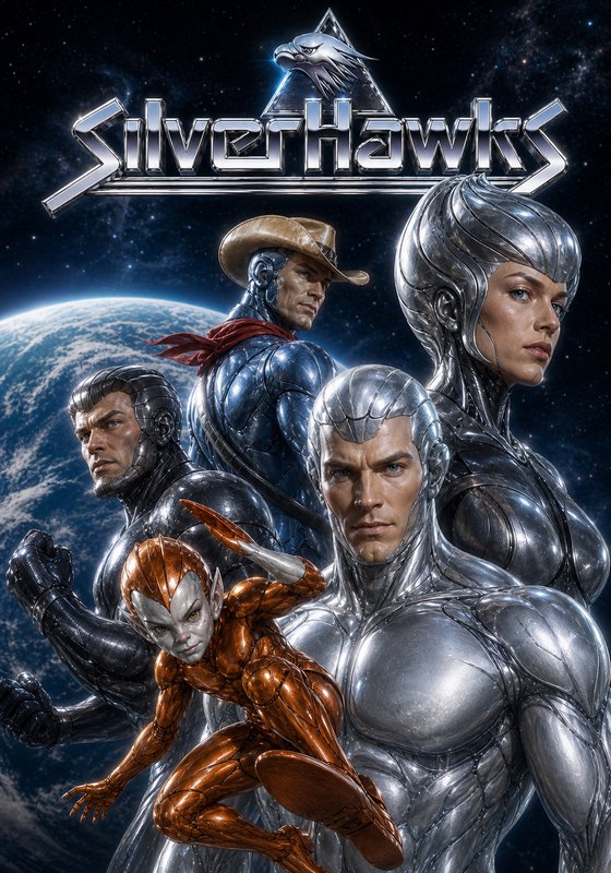 Realistic cinematic reimagining of the SilverHawks superhero team posed against starry space abov...