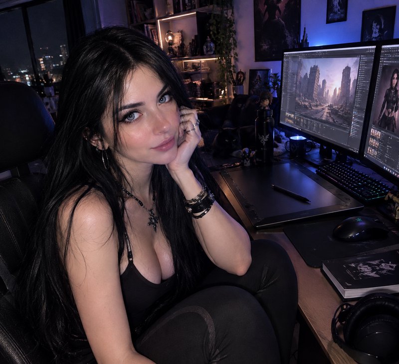 Young woman with long black hair rests her cheek on her hand at a digital art desk at night
