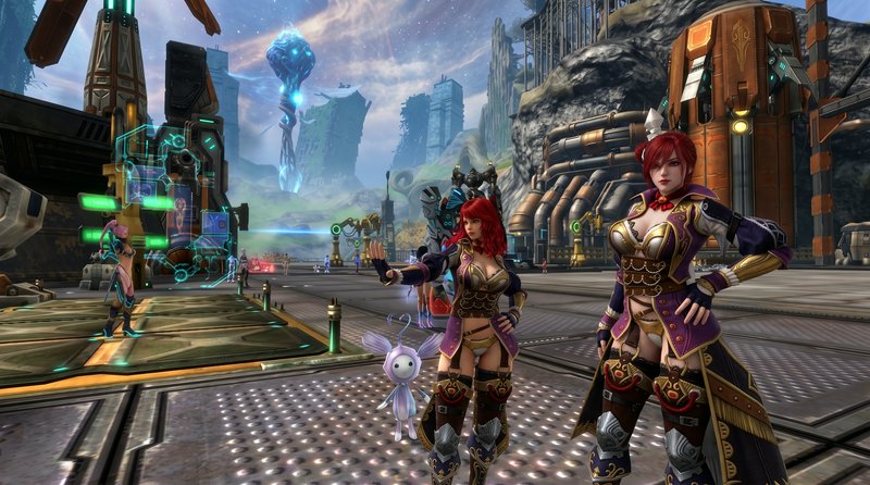 Two matching red-haired fantasy characters stand with a tiny pet in a sci-fi industrial outpost