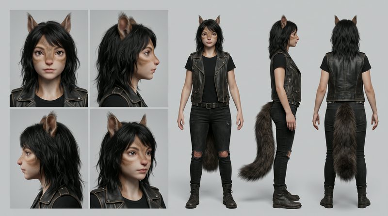 3D character turnaround reference sheet showing all view angles of an anthropomorphic cat girl wi...