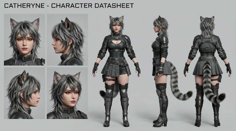 3D character turnaround reference sheet for a tactical armored gray catgirl fantasy character