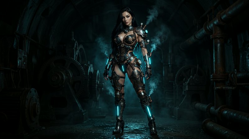 Steampunk female warrior with glowing cyan armor stands in a dark foggy industrial tunnel
