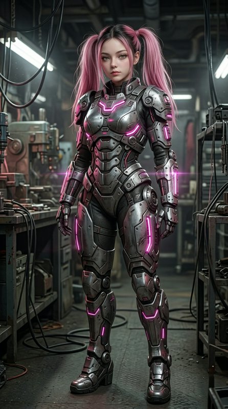 Young woman with pink twin pigtails in neon accented power armor stands in an industrial workshop