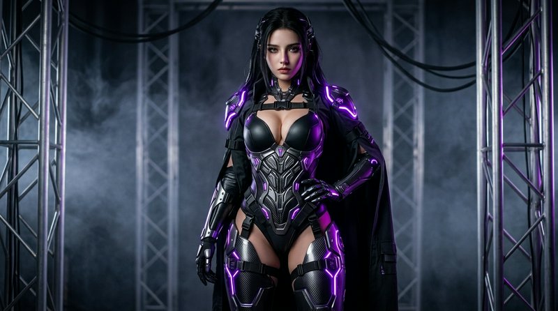 Female cyber soldier in glowing purple futuristic armor stands in a misty industrial sci-fi facility