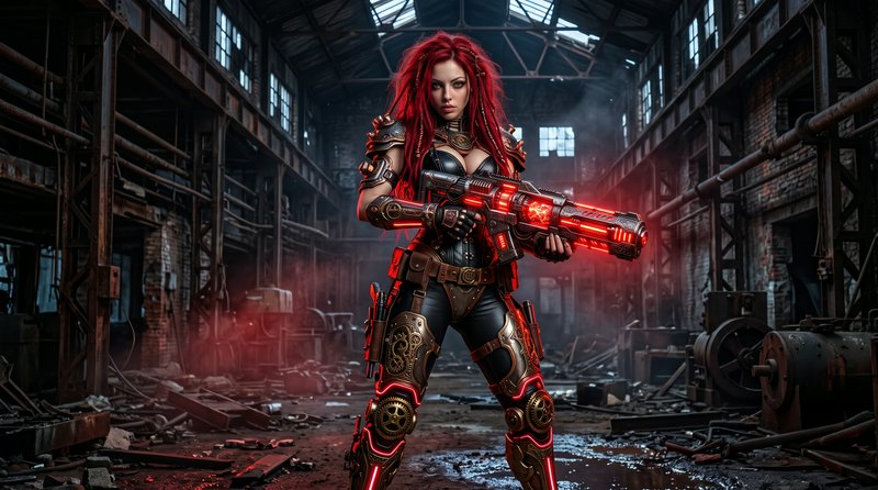 Red haired steampunk female warrior holding a glowing red energy rifle in a derelict industrial f...