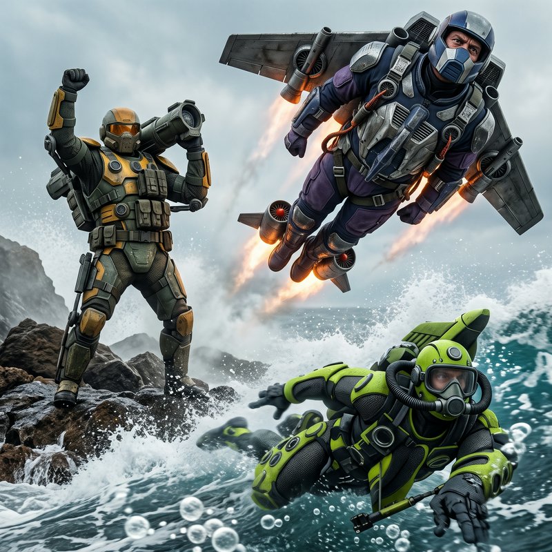 Three specialized futuristic armored soldiers stand on rocks, fly with a jetpack, and swim in cho...