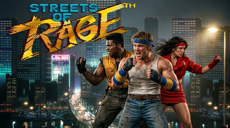 Streets of Rage title art shows three brawler characters in fighting stances above a neon night c...