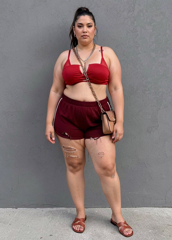 Plus size woman in a red bralette and distressed maroon shorts poses against a grey textured wall