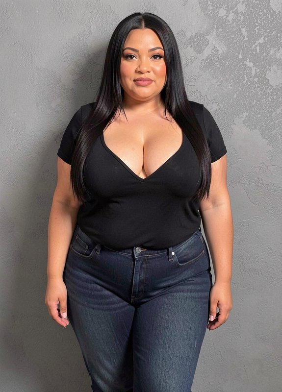 Confident curvy plus size woman standing against a textured grey wall in casual everyday clothing