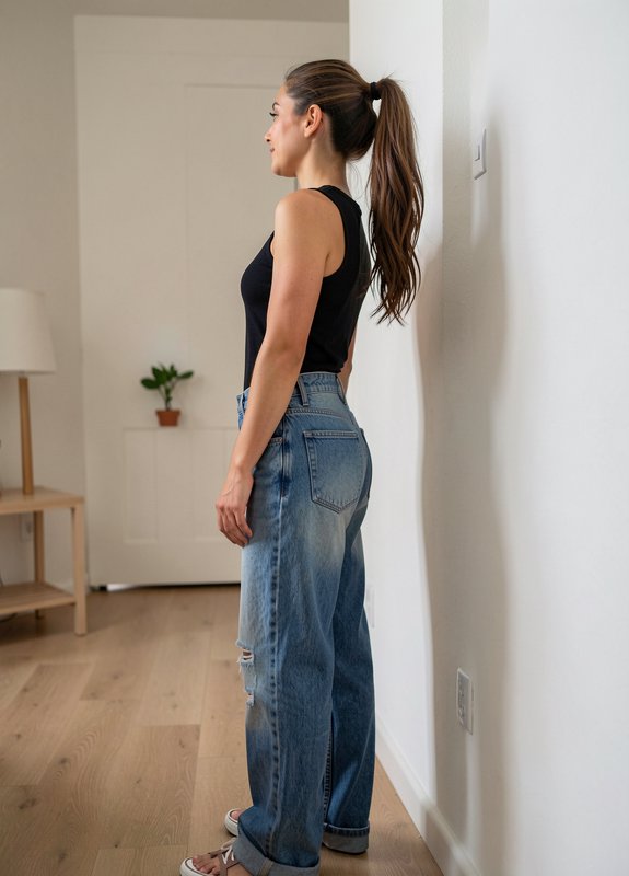 Woman in profile wears high waisted wide leg jeans and black tank top standing in a bright minima...