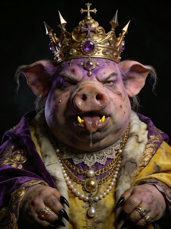 Anthropomorphic pig wearing a gold crown, purple-and-gold royal robe and heavy jewelry.