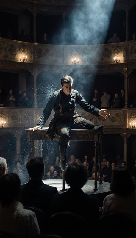 Magician perched on a table center stage in a smoky theater with spotlight and an attentive audie...