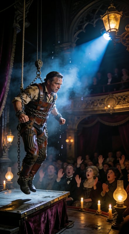 Male performer in leather armor suspended by chains on a stage, audience gasping in a vintage the...