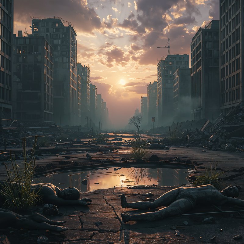 Post-apocalyptic city street with ruined buildings, rubble, and dead bodies at sunset.
