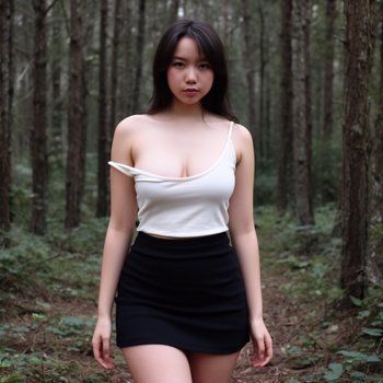 Woman in a white one-shoulder top and black mini skirt standing in a dense forest.