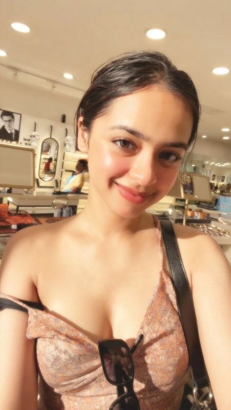 Young woman posing selfie in a makeup store, wearing a pink lace top with sunglasses hanging from...