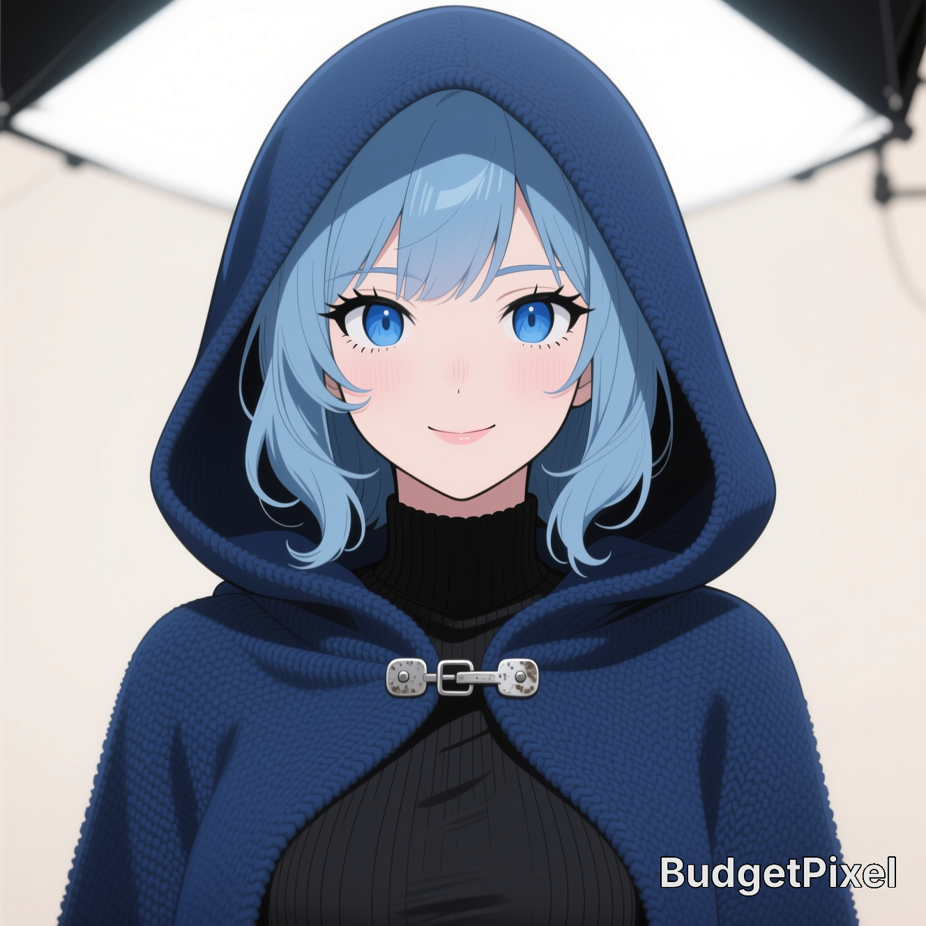 Anime girl with light blue hair, bright blue eyes, and soft smile wearing a hooded navy knit cloak, studio portrait.
