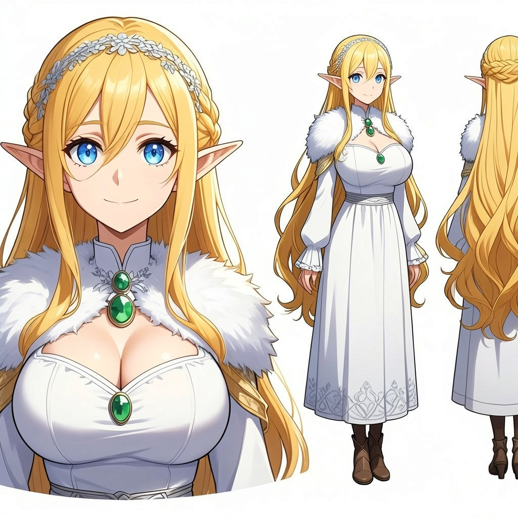 [Anime high elf princess character reference sheet showing bust closeup, full front, and back view turnaround of the fanta...