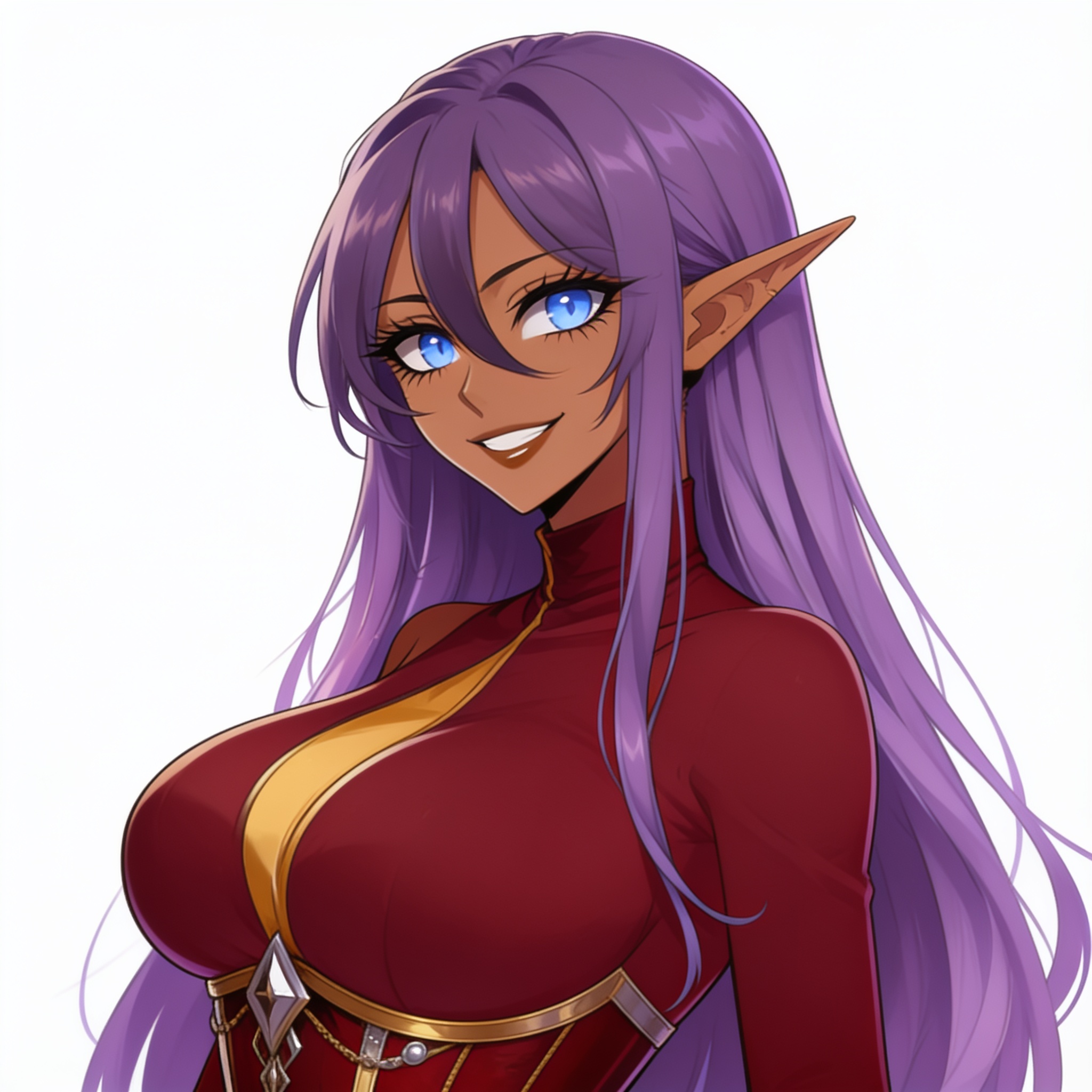 [Anime portrait of a dark-skinned elf woman with long purple hair, bright blue eyes, and red fantasy outfit smiling warmly...