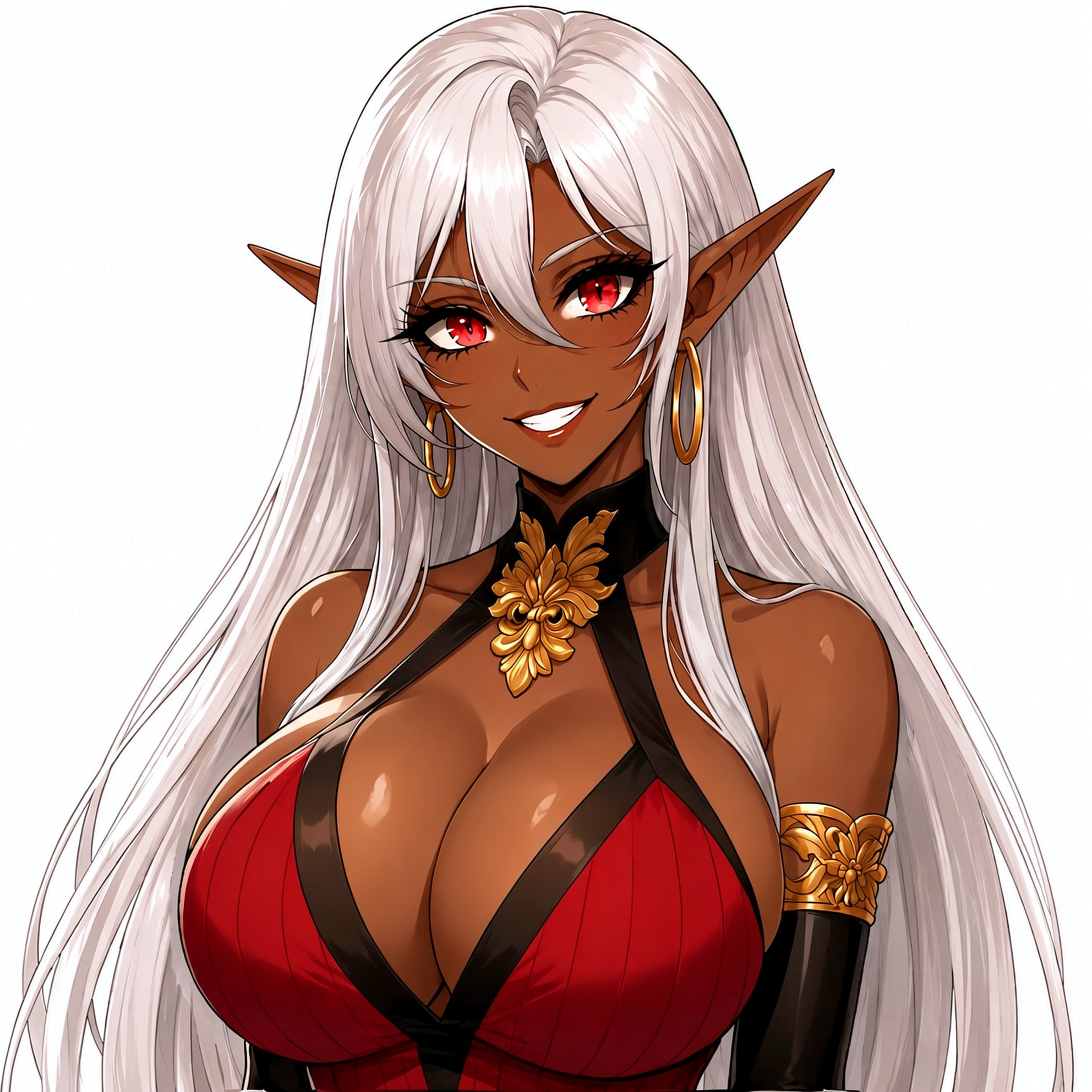 Anime portrait of a confident dark-skinned dark elf woman with long white hair, bright red eyes, and ornate gold accessories.
