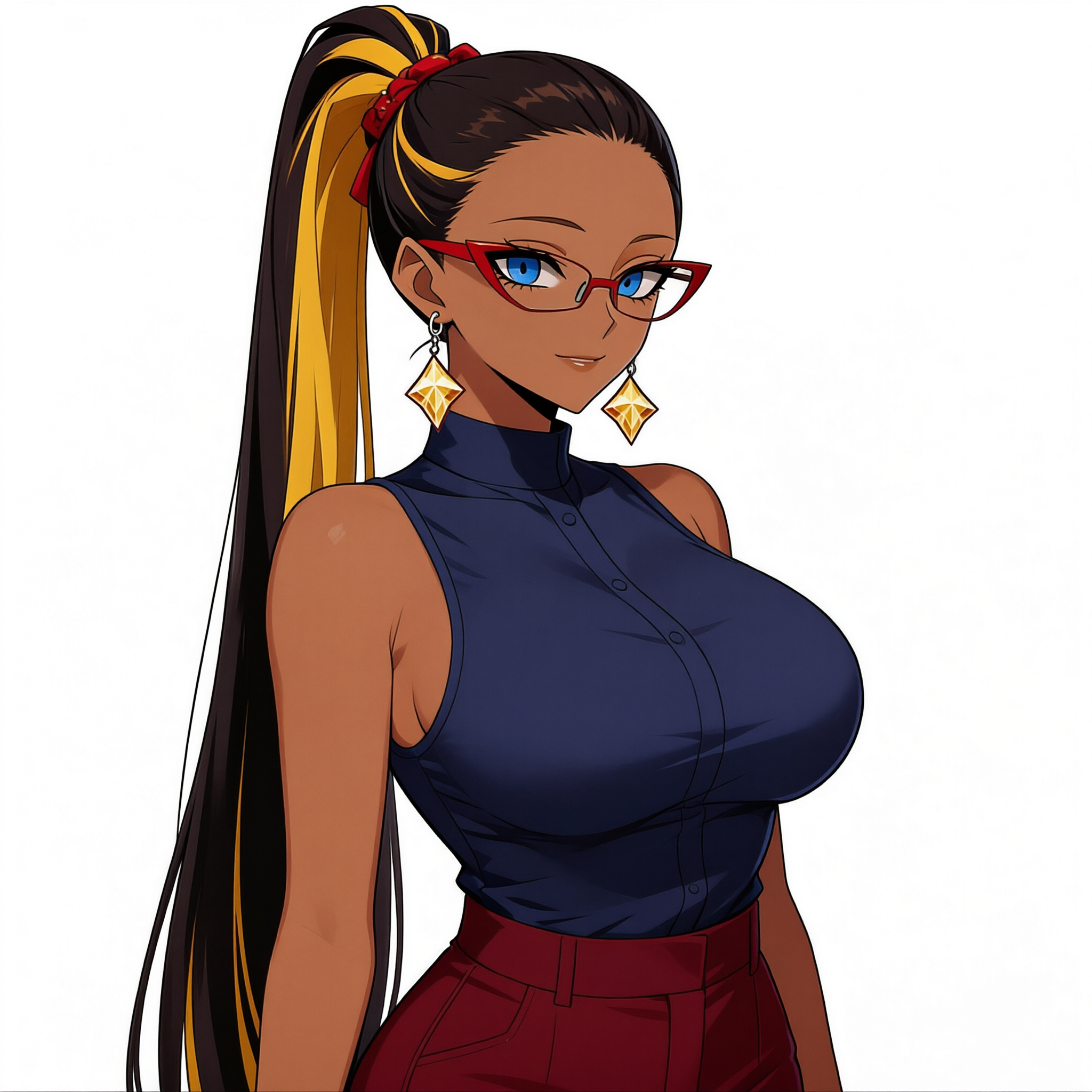 Anime portrait of confident dark-skinned woman with streaked high ponytail, red cat-eye glasses, and professional office a...