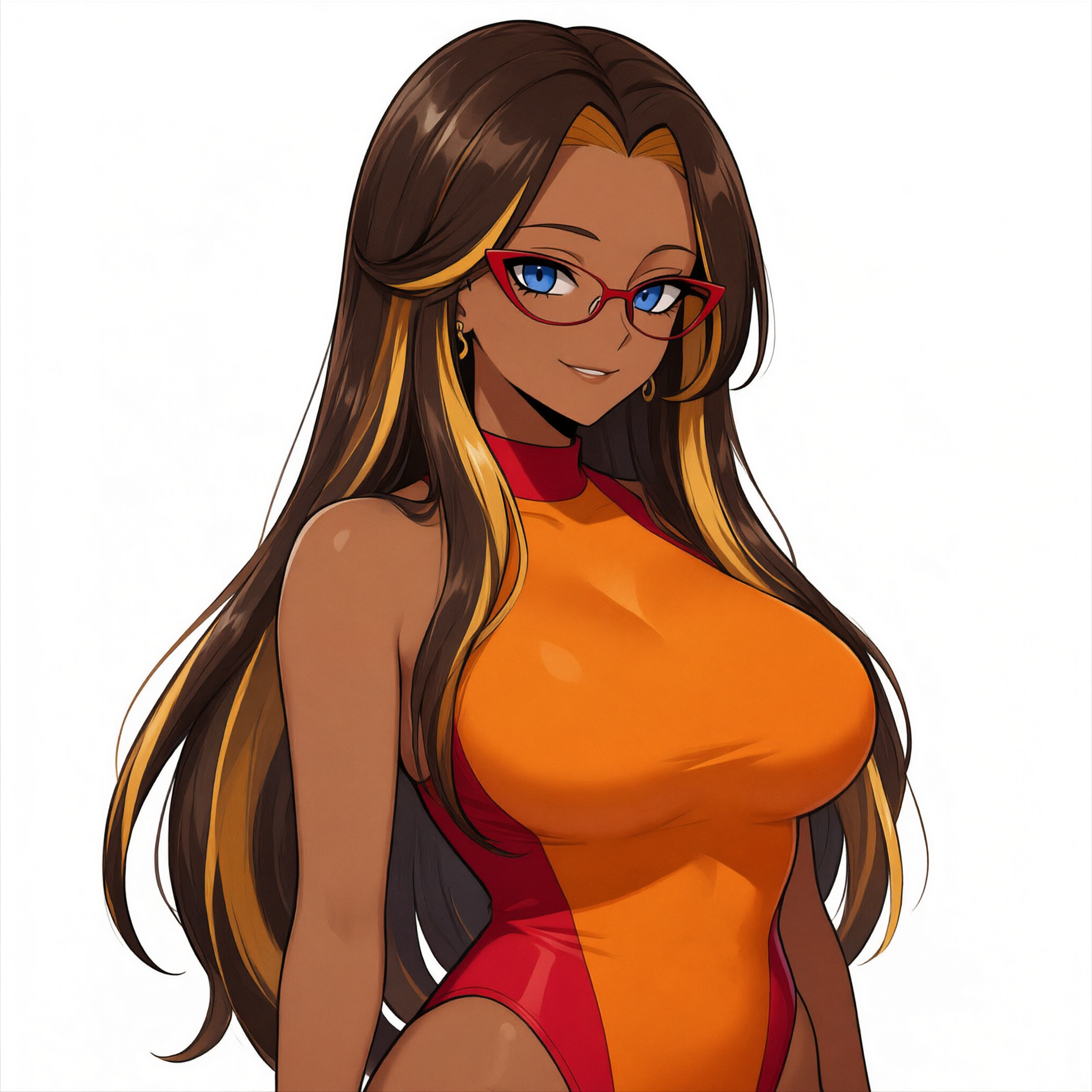 Anime portrait of a smiling dark-skinned woman with streaked brown hair, red cat-eye glasses, and form-fitting orange body...