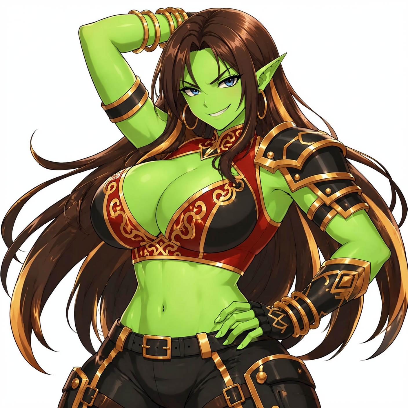 Confident anime-style green-skinned female orc warrior posing against a plain white background
