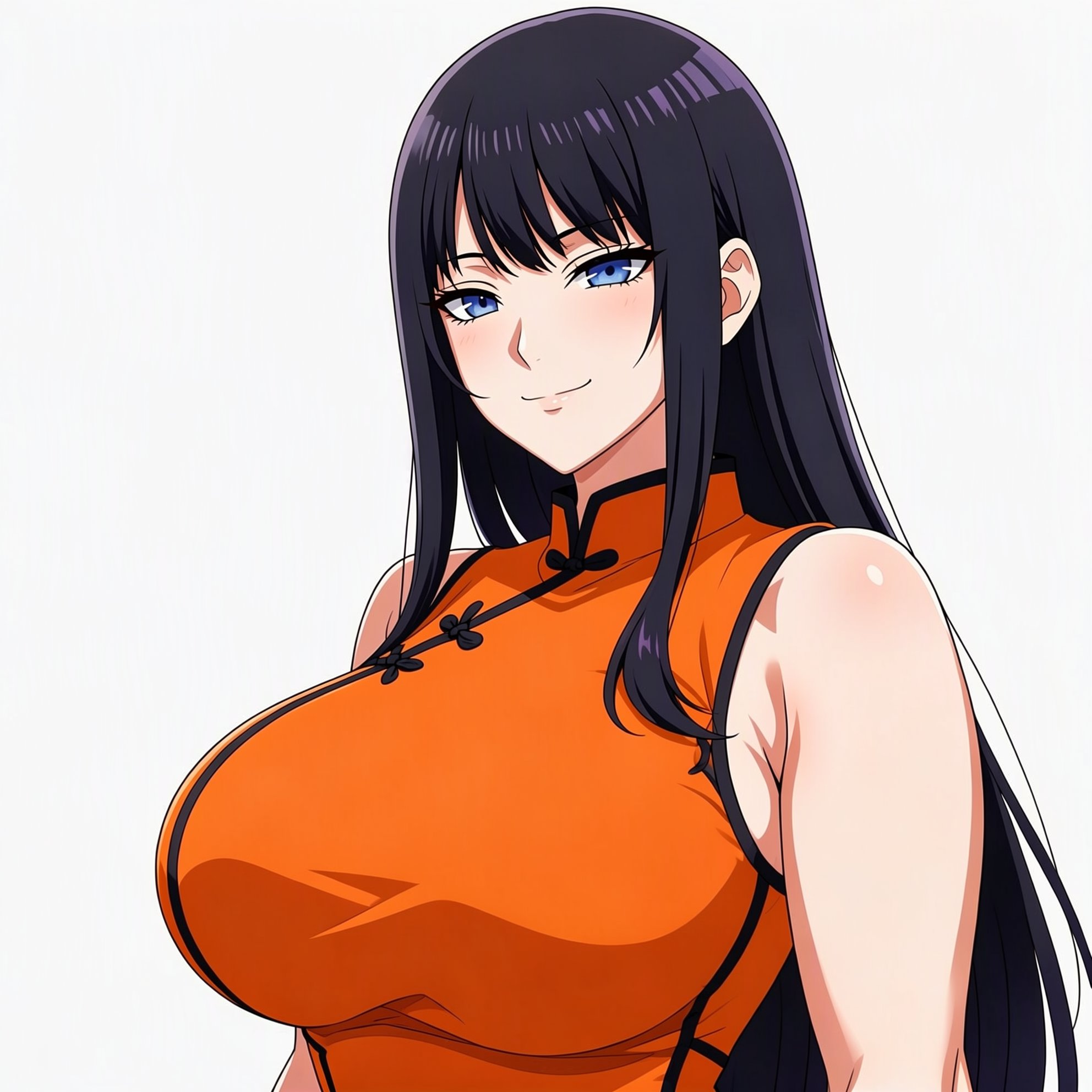 Anime woman with long straight black hair wearing an orange qipao smiles softly at the viewer