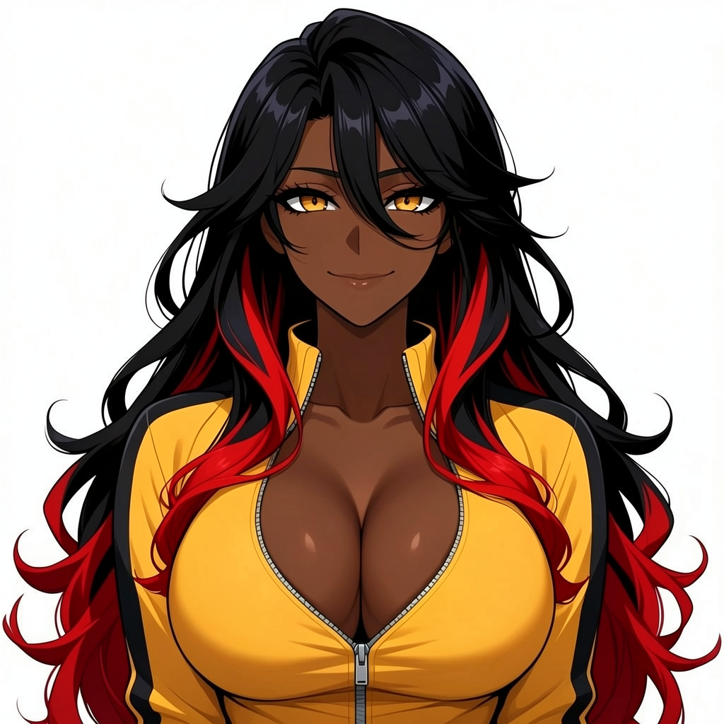 Confident dark-skinned anime woman with red-streaked black hair, golden eyes, and yellow track jacket