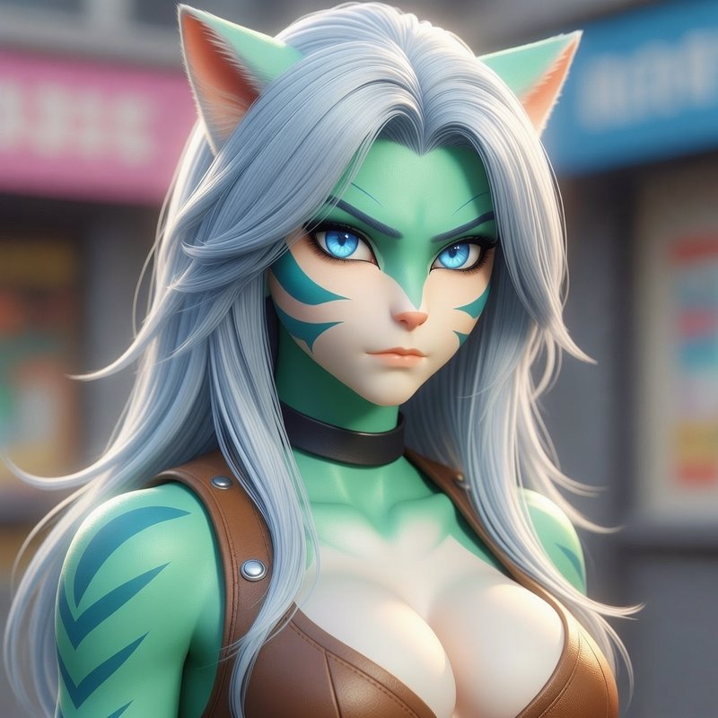 [3D rendered anime nekomimi catgirl with green skin, silver hair, cat ears, bright blue eyes, blurred city street background]