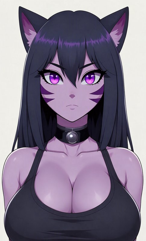 Close-up portrait of serious anime catgirl with purple skin, dark hair, cat ears, and bright purp...