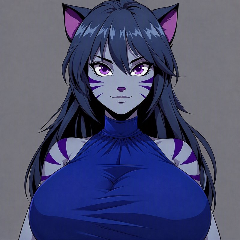 [Bust portrait of an anime catgirl with dark blue hair, purple striped markings, cat ears, and a blue halter top on a plai...