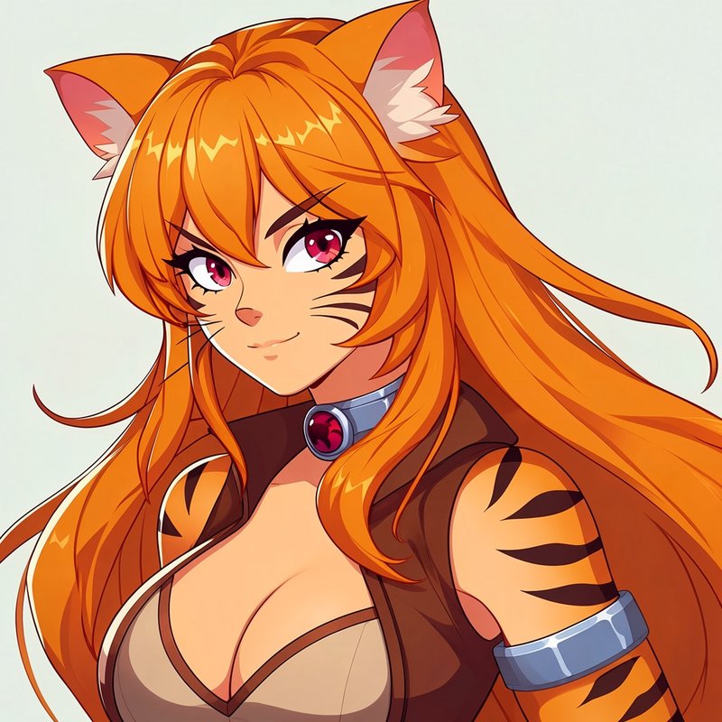 [Close-up anime portrait of a tiger kemonomimi girl with long orange hair, pink eyes, and tiger stripe markings]