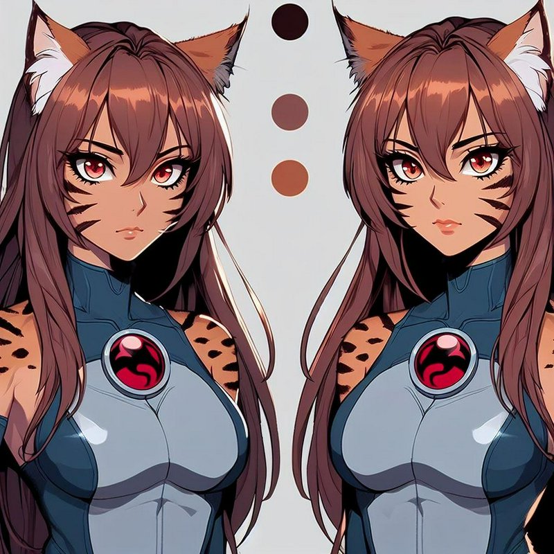 [Side-by-side comparison of anime kemonomimi tiger girl character designs with color palette swatches]