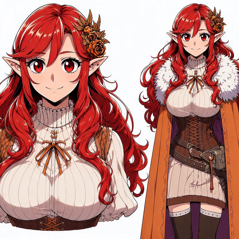[Anime character reference sheet showing a red-haired female elf, with close-up bust and full body views on a plain white ...