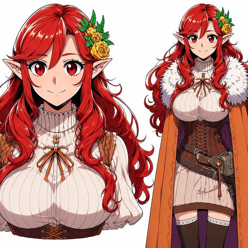 Anime character reference sheet with bust and full body views of a red-haired female elf with yellow rose hair accessories