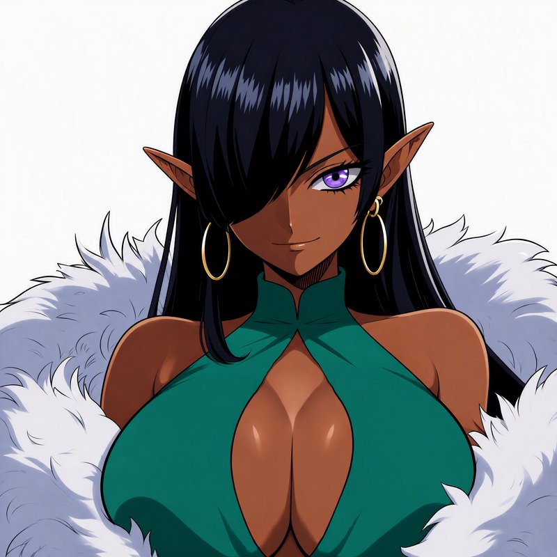 [Anime portrait of a confident dark-skinned female elf with long black hair, purple eyes, and fur trimmed formal outfit]