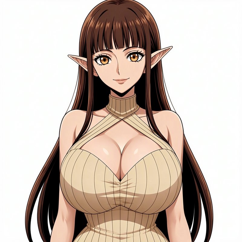 Anime portrait of a female elf with long brown hair, pointed ears, golden eyes, and beige halter dress, soft smile on whit...