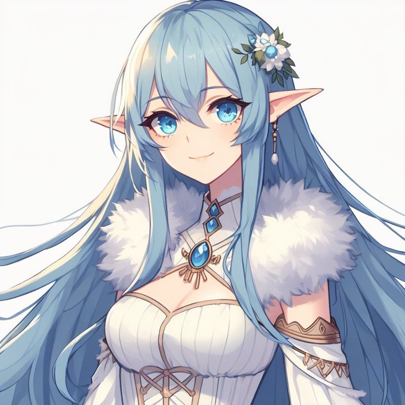 Bust portrait of a gentle anime female elf with light blue hair, bright blue eyes, floral hair ac...