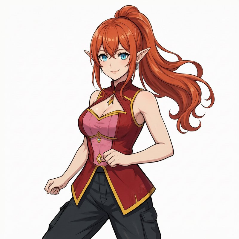 Anime style female elf adventurer with long red ponytail, bright blue eyes, and friendly smile ag...