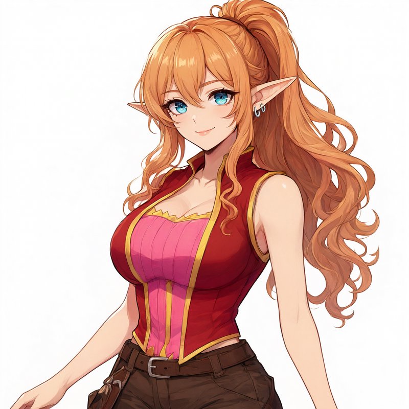 Anime style female elf adventurer with wavy orange ponytail, bright blue eyes, gentle smile, on p...