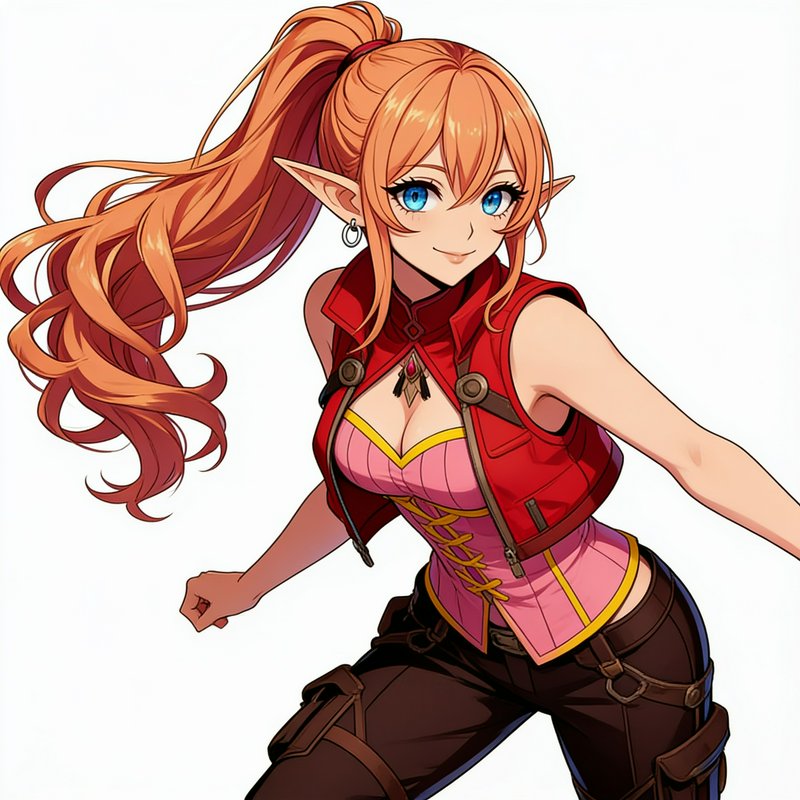 Anime style female elf adventurer with long orange ponytail, bright blue eyes, fantasy outfit on plain white background